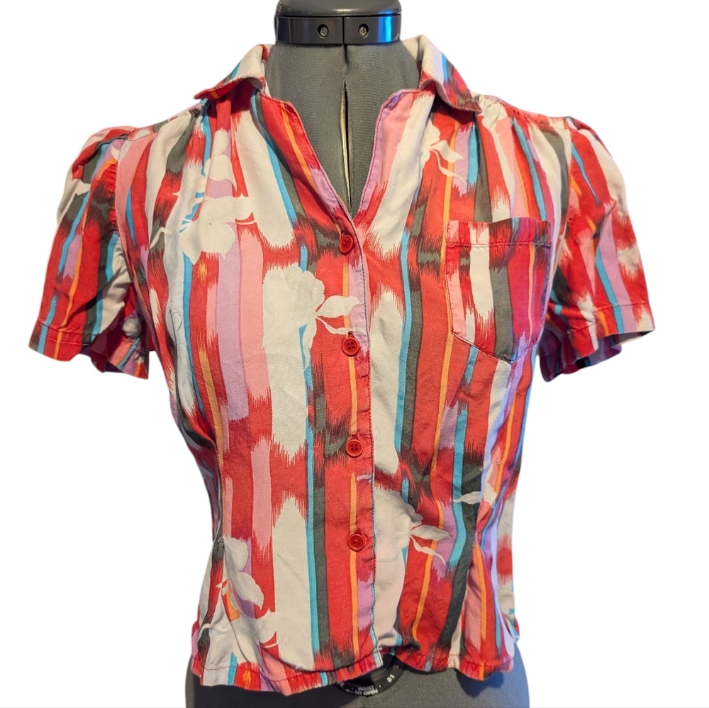 Vintage Colorful Striped Floral Women's Short Sleeve Top Boho